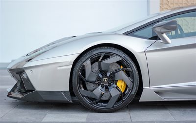 Lamborghini Aventador, cabriolet, argent Aventador, la fibre de carbone roues