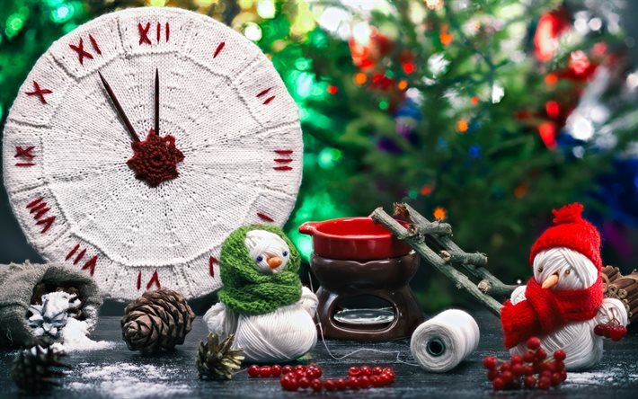 Christmas, Clock, New Year, snowmen, Christmas decorations