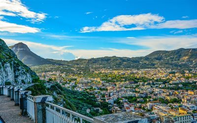 Amalfi, 4k, panorama, noite, montanhas, It&#225;lia