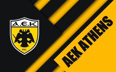 AEK Athens FC, 4k, siyah, sarı soyutlama, logo, malzeme tasarımı, Yunan Futbol Kul&#252;b&#252;, S&#252;per Lig, Atina, Yunanistan, Superleague Greece