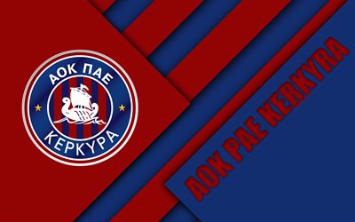 AOK PAE-Kerkyra, 4k, sininen punainen abstraktio, logo, materiaali suunnittelu, Kreikan football club, Super League, Korfu, Kreikka, Kreikan Superleague