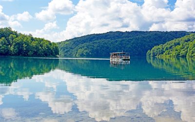 Plitvice Lakes National Park, summer, steamship, croatian landmarks, coast, Europe, Croatia