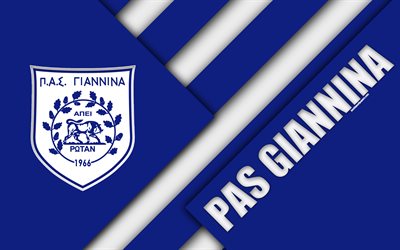 PAS Giannina FC, 4k, Yanya, beyaz, mavi soyutlama, logo, malzeme tasarımı, Yunan Futbol Kul&#252;b&#252;, S&#252;per Lig, Yunanistan, Superleague Greece