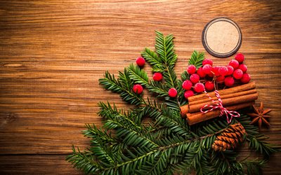 4k, Christmas, fir-tree, berries, wooden background, Xmas tree, Happy New Year