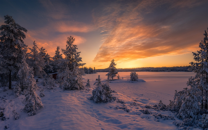 p&#244;r do sol, paisagem de inverno, neve, lago, Ringerike, Mysterium Magnum, Noruega