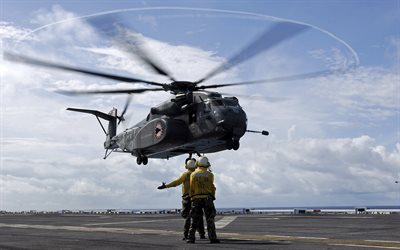 Sikorsky CH-53E, Super Stallion, military transport helicopter, US Navy, aircraft carrier deck, HM-15, Helicopter Sea Combat Wing, United States of America