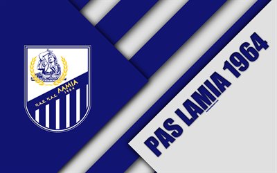 1964 PAS Lamia, 4k, beyaz, mavi soyutlama, logo, malzeme tasarımı, Yunan Futbol Kul&#252;b&#252;, S&#252;per Lig, Lamia, Yunanistan, Superleague Greece