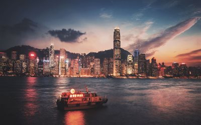 香港, 国際貿易センター, 高層ビル群, 町並み, 夜, 中国
