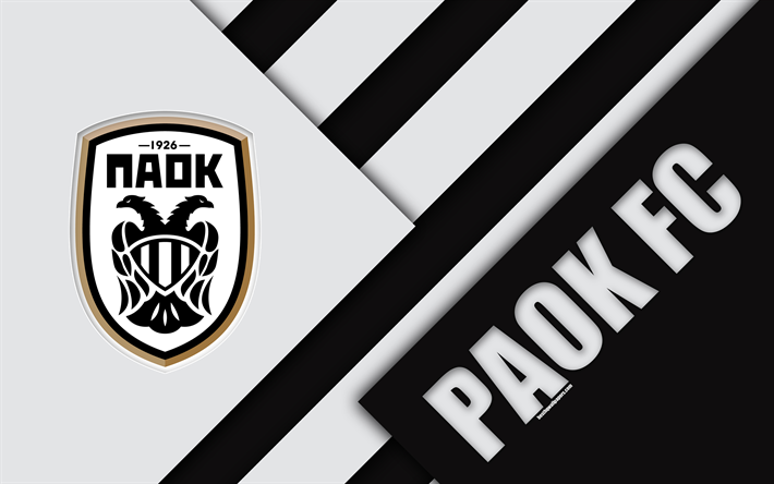 PAOK FC, 4k, black and white abstraction, PAOK logo, material design, Greek football club, Super League, Thessaloniki, Greece, Superleague Greece