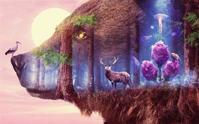 fata della foresta, l&#39;orso, il cervo, albero rosa, gufo, fantastico bosco, la fauna selvatica