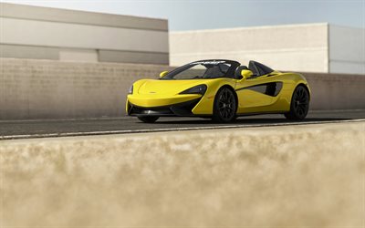 McLaren d&#233;cada de 570 Aranha, estrada, 2018 carros, amarelo d&#233;cada de 570, supercarros, McLaren