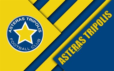 Asteras Tripolis FC, 4k, blue yellow abstraction, logo, material design, Greek football club, Super League, Tripolis, Greece, Superleague Greece