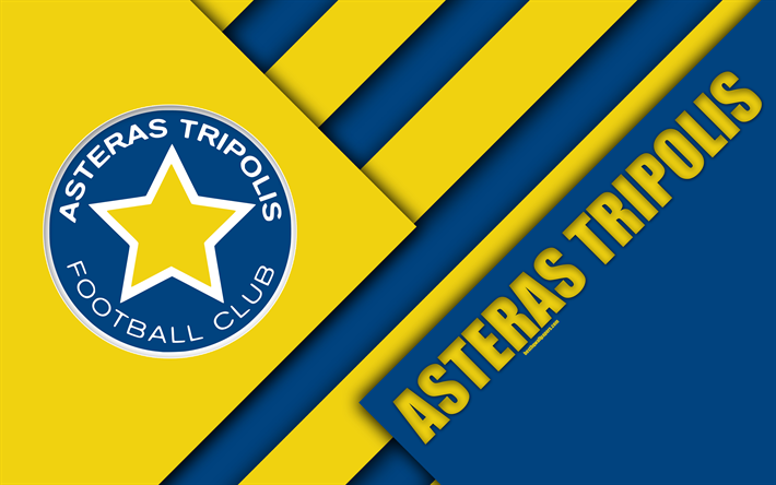 Asteras Tripolis FC, 4k, mavi, sarı soyutlama, logo, malzeme tasarımı, Yunan Futbol Kul&#252;b&#252;, S&#252;per Lig, Tripolis, Yunanistan, Superleague Greece