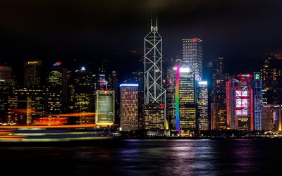 Hong Kong, 4k, skyskrapor, natt, Asien, Japan