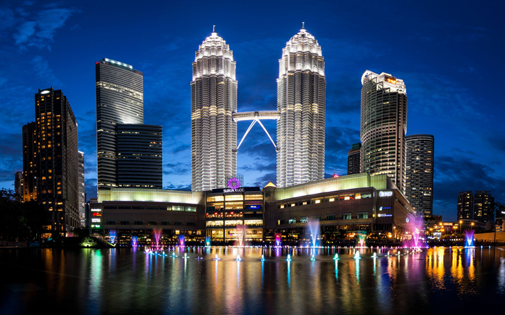Las Torres Petronas, noche, rascacielos, Kuala Lumpur, Malasia, paisaje urbano, 4k