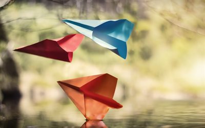 aeroplani di carta, piani colorati, origami, lago