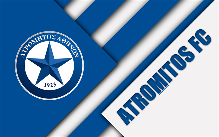 Dell&#39;atromitos FC, 4k, blu, bianco astrazione, il logo, il design dei materiali, greco di calcio per club, supercoppa di Lega, Peristeri, la Grecia, la Superleague Grecia