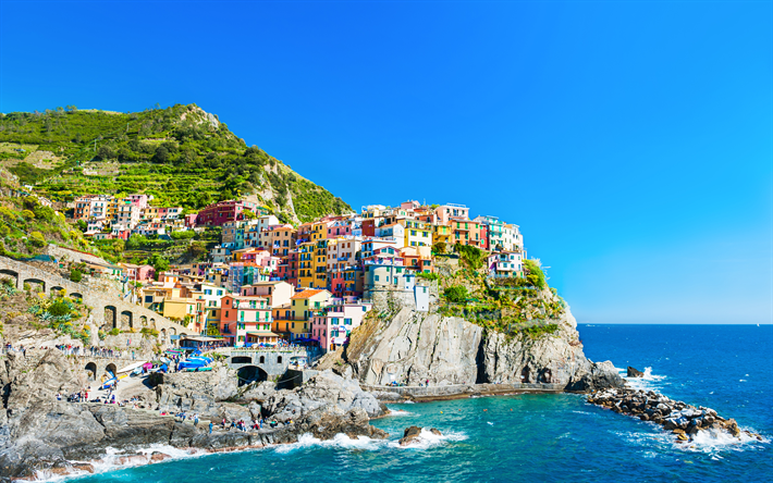 Manarola, 4k, summer, sea, Riviera di Levante, Cinque Terre, Liguria, Italy