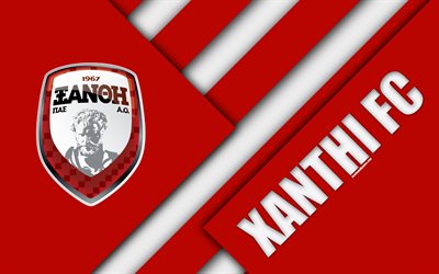 Xanthi FC, 4k, red white abstraction, logo, material design, Greek football club, Super League, Xanthi, Greece, Superleague Greece