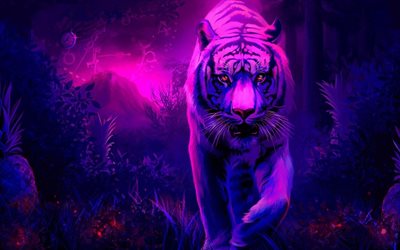 Bengal tiger, fantastic forest, white tiger, predators, art