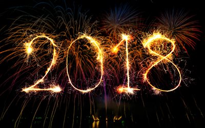 Happy New Year 2018, fireworks, 4k, golden letters, New Year 2018, nightscapes, xmas, Christmas 2018