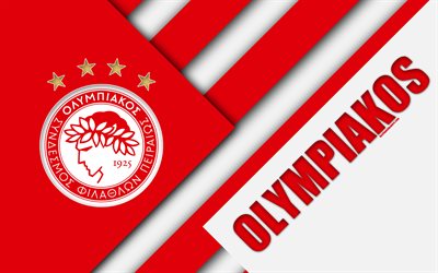 Olympiacos FC, Piraeus, 4k, white red abstraction, Olympiacos logo, material design, Greek football club, Super League, Greece, Superleague Greece