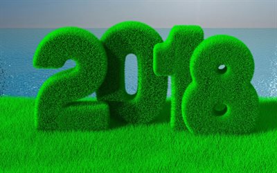 Feliz A&#241;o Nuevo, 2018 conceptos, 3d a base de hierbas letras, A&#241;o Nuevo, la ecolog&#237;a, el medio ambiente