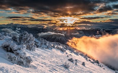 Alps, winter, mountain landscape, snow-capped mountains, sunset, clouds, France