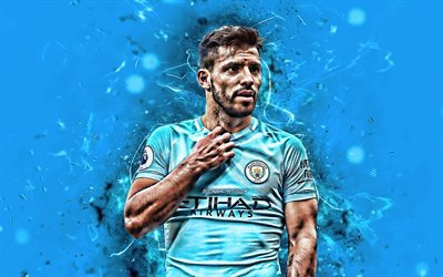 Sergio Aguero, blue background, argentine footballers, Manchester City FC, soccer, Aguero, Premier League, Man City, neon lights
