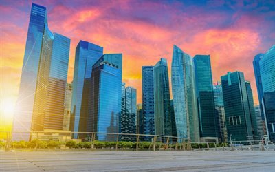 Singapore, grattacieli, metropoli, tramonto, sera, centri commerciali, Asia, citt&#224; moderna