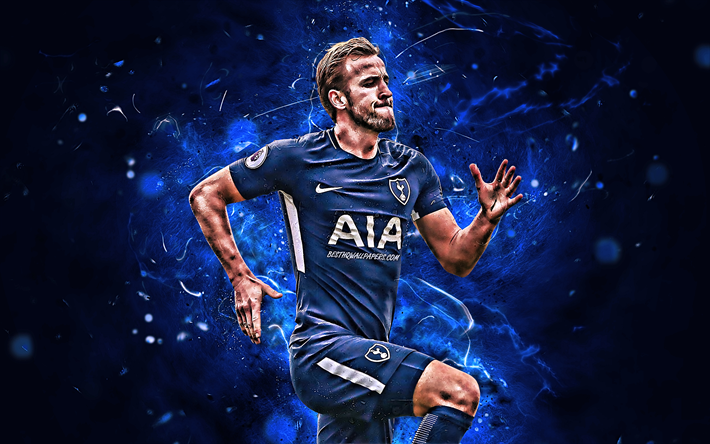 Harry Kane, blue uniform, Tottenham Hotspur FC, english footballers, soccer, forward, Kane, Premier League, neon lights, Tottenham FC
