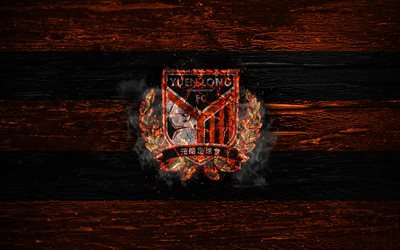 Yuen Long FC, fire logo, Hong Kong Premier League, orange and black lines, Hong Kong football club, grunge, football, soccer, Yuen Long logo, wooden texture, Hong Kong