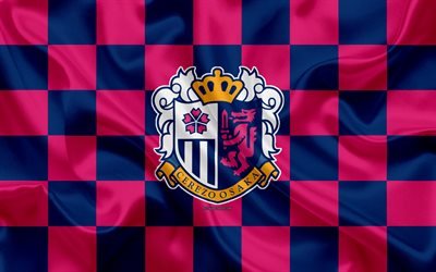 Cerezo Osaka, 4k, logotipo, arte creativo, rosa azul de la bandera a cuadros, Japon&#233;s club de f&#250;tbol, de la Liga J1, J Divisi&#243;n de la Liga 1, el emblema, la seda textura, Osaka, Jap&#243;n, f&#250;tbol, C-Osaka