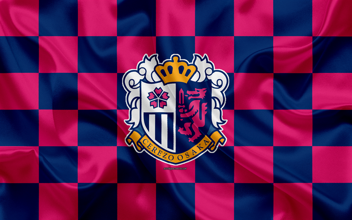 Visivelmente Osaka, 4k, logo, arte criativa, rosa azul bandeira quadriculada, Japon&#234;s futebol clube, J1 League, J League Division 1, emblema, textura de seda, Osaka, Jap&#227;o, futebol, C-Osaka