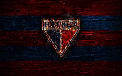 Fortaleza FC, fire logo, Serie B, red and blue lines, brazilian football club, grunge, football, soccer, Fortaleza logo, wooden texture, Brazil