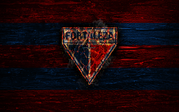 Fortaleza FC, fogo logotipo, Serie B, vermelho e azul linhas, brasileiro de clubes de futebol, grunge, futebol, Fortaleza logotipo, textura de madeira, Brasil