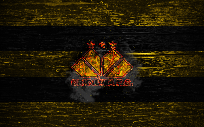 Criciuma FC, fire logo, Serie B, yellow and black lines, brazilian football club, grunge, football, soccer, Criciuma logo, wooden texture, Brazil