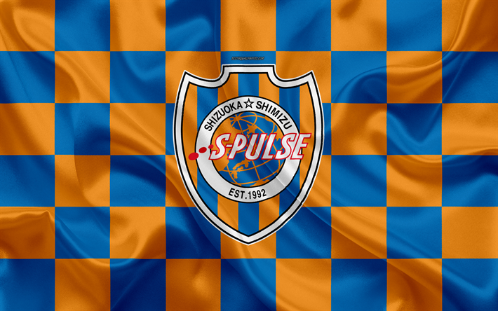 Shimizu S-Pulse, 4k, logo, creativo, arte, arancione blu bandiera a scacchi, Giapponese football club, J1 League, J-League Division 1, emblema, seta, texture, Shizuoka, Giappone, calcio