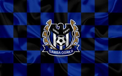 Gamba Osaka, 4k, logo, creative art, sininen musta ruudullinen lippu, Japanilainen football club, J1 League, J-League Division 1, tunnus, silkki tekstuuri, Osaka, Japani, jalkapallo, G-Osaka