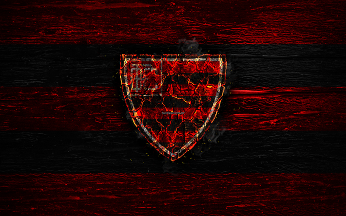 Oeste FC, fire logo, Serie B, red and black lines, brazilian football club, grunge, football, soccer, Oeste logo, wooden texture, Brazil