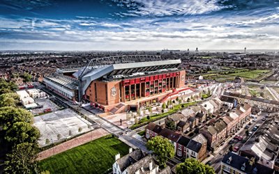 Anfield, 4k, Liverpool stadium, England, HDR, soccer, Liverpool, football stadium, Anfield Road, Liverpool FC