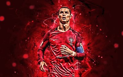 CR7, close-up, Cristiano Ronaldo, il Portogallo, Squadra Nazionale, il calcio, l&#39;attaccante, rosso, neon, luci, stelle del calcio, portoghese squadra di calcio, Ronaldo