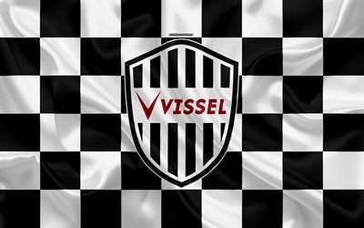 Vissel Kobe, 4k, logo, creative art, white black checkered flag, Japanese football club, J1 League, J League Division 1, emblem, silk texture, Kobe, Japan, football
