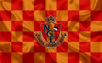 Nagoya Grampus, 4k, logo, creative art, orange red checkered flag, Japanese football club, J1 League, J League Division 1, emblem, silk texture, Nagoya, Japan, football