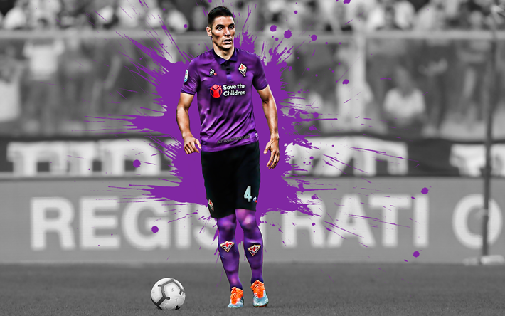 Nikola Milenkovic, 4k, Serbian football player, ACF Fiorentina, midfielder, purple-black paint splashes, creative art, Serie A, Italy, football, grunge art, Milenkovic