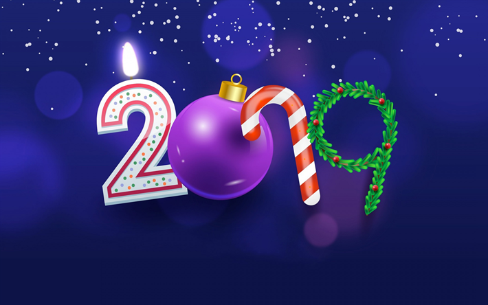 2019 Yeni yılınız kutlu olsun, yaratıcı harfler, mavi arka plan 2019, 2019 kavramlar, sanat