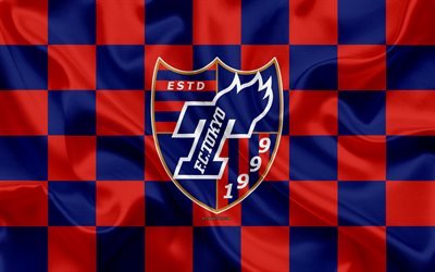 FC Tokyo, 4k, logo, creative art, blue and red checkered flag, Japanese football club, J1 League, J League Division 1, emblem, silk texture, Japan, football