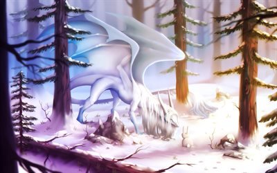 white dragon, vinter, fantastisk skog, liten drake, drakar, konstverk