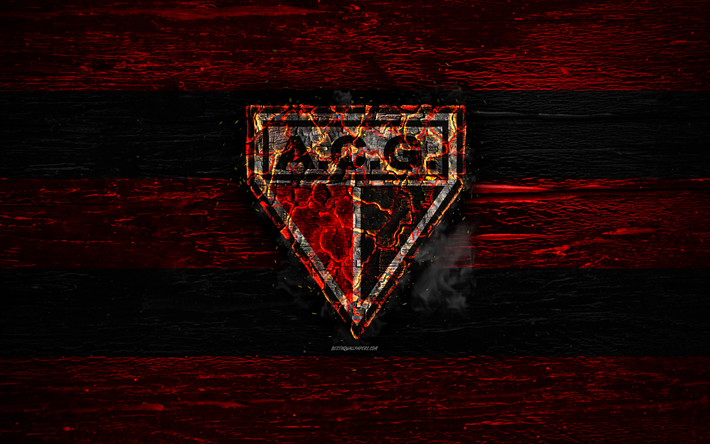 Atletico Goianiense FC, fire logo, Serie B, red and black lines, brazilian football club, grunge, football, soccer, Atletico Goianiense logo, wooden texture, Brazil