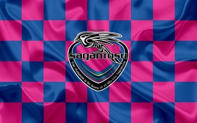 Sagan Tosu FC, 4k, logo, creative art, blue pink checkered flag, Japanese football club, J1 League, J League Division 1, emblem, silk texture, Tosu, Japan, football
